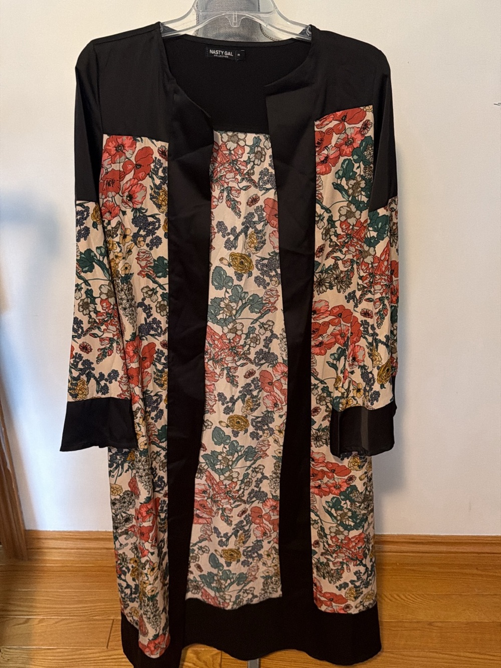 Nasty Gal Black Floral Long Kimono Robe with Multicolor Panels